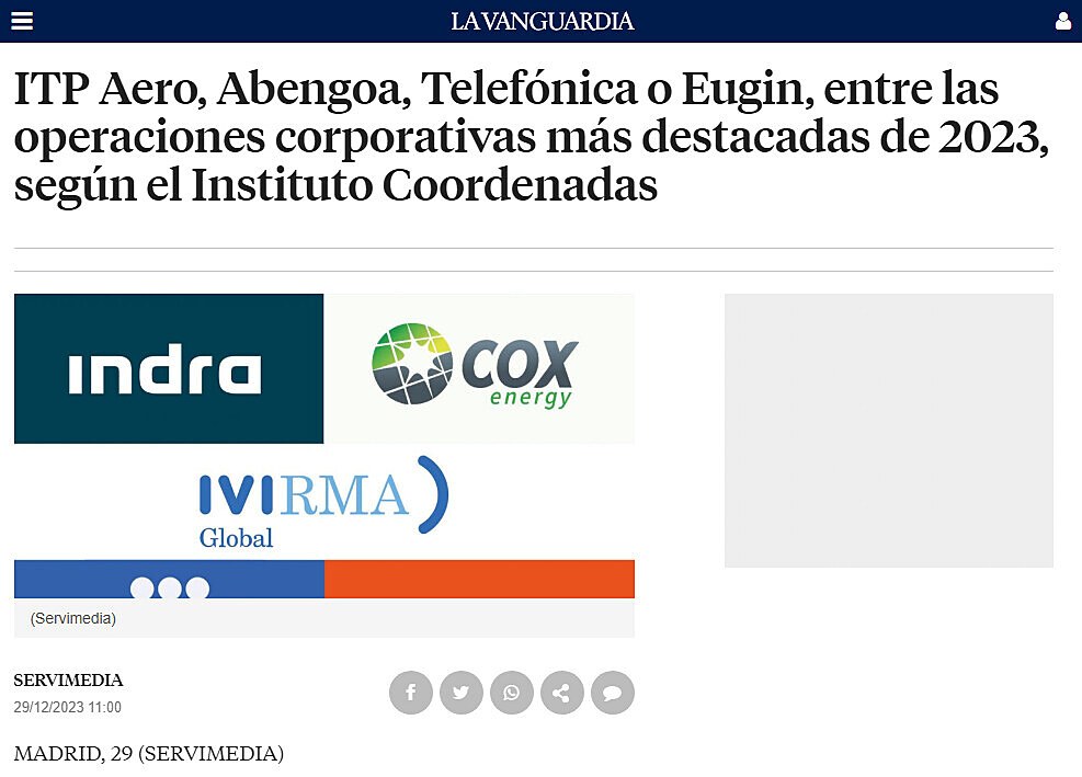 ITP Aero, Abengoa, Telefnica o Eugin, entre las operaciones corporativas ms destacadas de 2023, segn el Instituto Coordenadas